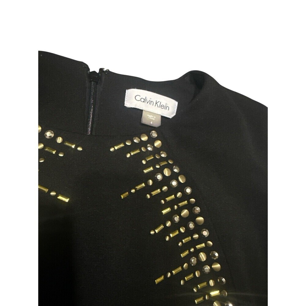 Calvin Klein Black Sheath Dress Gold Stud Embellished Scuba Cocktail Size 4 - Picture 2 of 6
